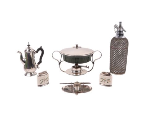 A silver plated twin-handled food warmer; together with a silver plated coffee pot; a silver plated desk stand; two Ronson ta