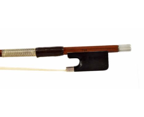 English silver and aluminium mounted violoncello bow by W.E. Hill & Sons, the stick round, the ebony frog plain and with an a