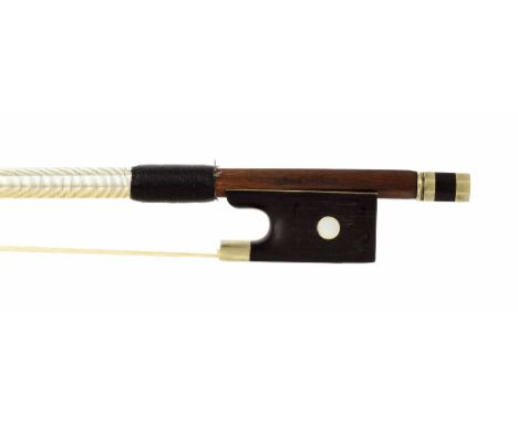 Nickel mounted violin bow stamped Cuniot-Hury, the stick round, the ebony frog inlaid with pearl eyes and the ebony adjuster 