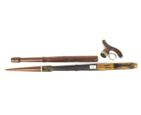 Rare antique walking stick violin and bow, within a fitted case, the screw-on handle and nickel ferrule releasing a section o