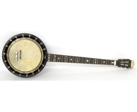 Essex & Cammeyer five string zither banjo, bearing a presentation plaque to Miss Rosie Skinner by Messrs Essex & Cammeyer, 18