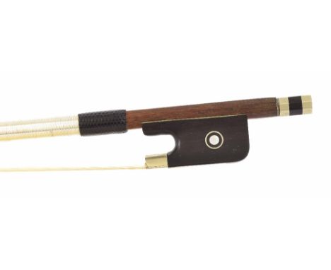 French nickel mounted violoncello bow by and stamped Francois Lotte, the stick round, the ebony frog inlaid with nickel rings