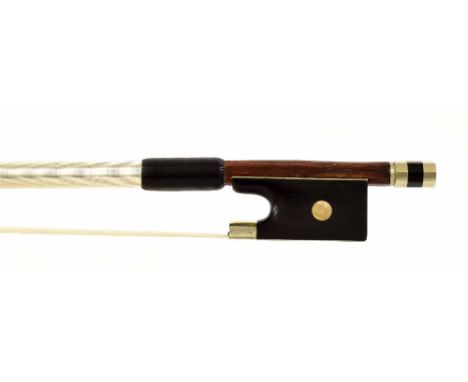 French nickel mounted violin bow, unstamped, the stick round, the ebony frog inlaid with pearl eyes and the ebony adjuster wi