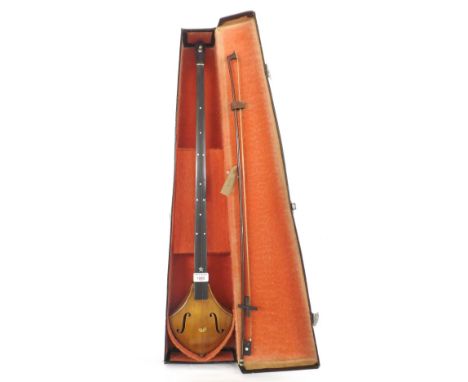 Interesting old one string fiddle monogrammed MB on the button, with shield shaped body and mother of pearl inlaid fingerboar