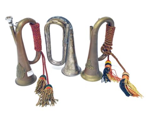 Two brass bugles and a B & H silver plated bugle (3)