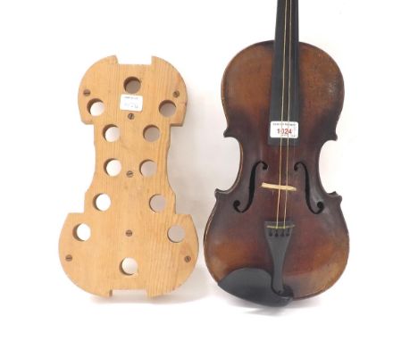 late 19th century Stainer copy violin labelled and branded Stainer below the button, two bows, case; also a wooden violin mak