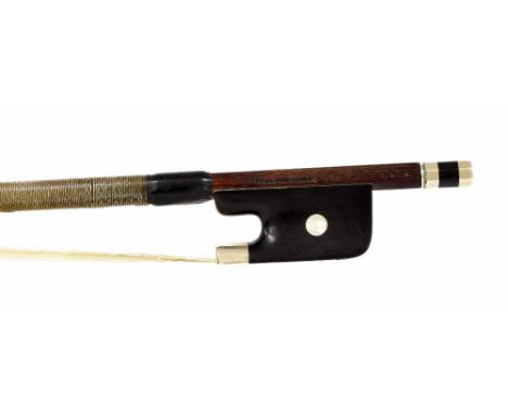 German silver mounted violoncello bow by and stamped Aug. Edwin Prager, the stick round, the ebony frog inlaid with pearl eye