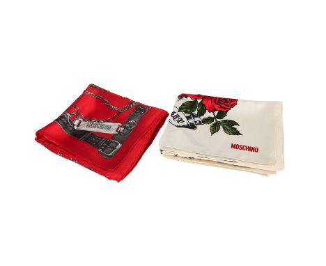 MOSCHINO VINTAGE Seidentücher (2). 1x Seidenschal in Weiß mit Rosenmuster, 1x Seidentuch "SLAVE OF FASHION" in Rot mit Handsc