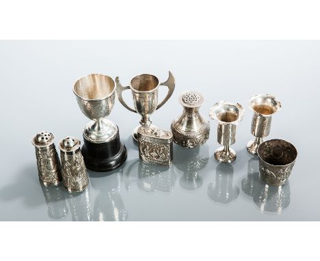 GROUP OF SMALL CHINESE SILVER OBJECTS
comprising a three piece condiment set, case with lid, pepper pot, egg cup, two miniatu