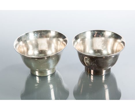 PAIR OF CHINESE SILVER SMALL BOWLS
each of flared circular form with a cylindrical foot, with engraved character symbols arou