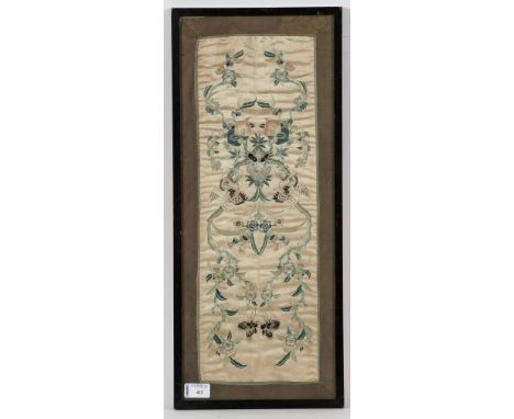 TWO 19TH CENTURY CHINESE SILK EMBROIDERIES
the first with stylised bird and floral motif in predominantly pale blue and gold,