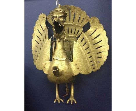 LARGE 19TH CENTURY INDONESIAN BRASS MYTHOLOGICAL BIRD LAMP/BURNER 
with front spout, and hanging pendant, likely East Java, 4