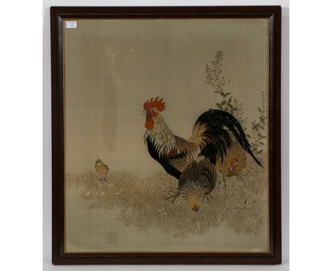 JAPANESE SILK NEEDLEWORK PANEL
depicting a cock and two hens with one chick, on a stretcher and with a mahogany frame, 85cm h