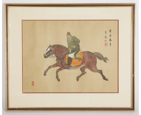 CHINESE SCHOOL
FIGURES ON HORSEBACK
painted on silk, seal stamped and inscribed
mounted, framed and glazed
46cm x 56cm overal