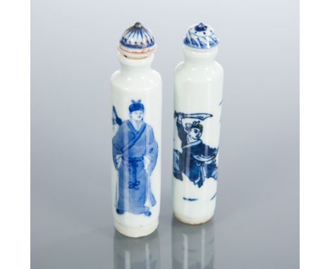 PAIR OF UNUSUAL CHINESE CERAMIC SNUFF BOTTLES
with figural decoration, each 9.5cm high 