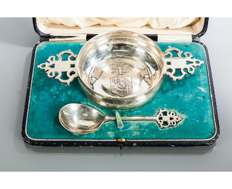 SILVER QUAICH SHAPED BOWL BY SORLEY
the bowl with pierced handles and a central crest in relief, inscribed Presented by the i