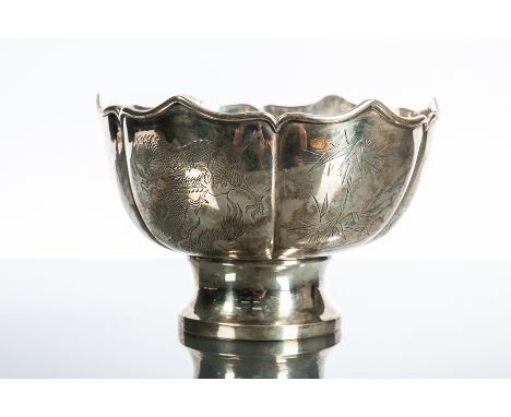 CHINESE SILVER CIRCULAR BOWL
engraved with panels of birds, flowering branches, boats on a lake, bamboo and a dragon, approxi