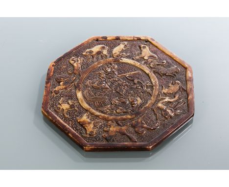 CHINESE OCTAGONAL HARDSTONE ANIMAL ZODIAC PLAQUE
carved with animals including rat, rabbit, pig, dragon, etc around a central