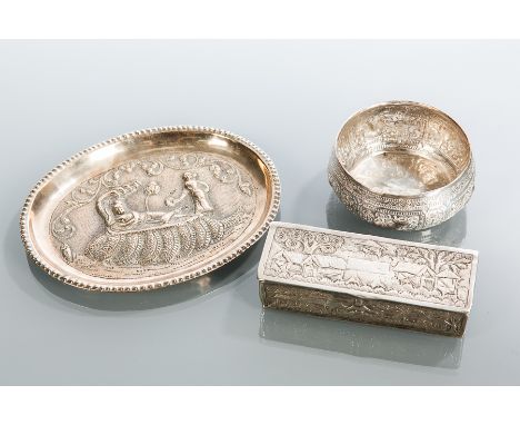 STRAITS CHINESE SILVER TRINKET BOX, CIRCULAR BOWL AND OVAL DISH
the box with hinged lid and embossed with rural scenery of hu