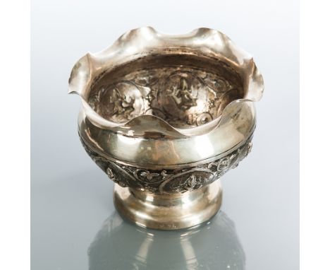 STRAITS CHINESE SILVER ROSEBOWL
with flattened leaf form rim over an embossed band of panels showing deities, approximately 2