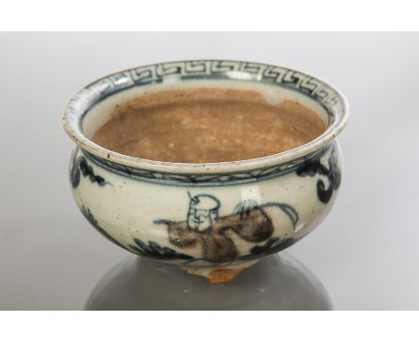 CHINESE MING STYLE CENSER 
of small circular bombe form, in red and blue and on tripod feet, the exteriors decorated with thr