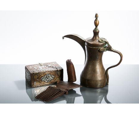 ISLAMIC COPPER LIDDED JUG, CAIRO WARE CASKET AND A 17TH CENTURY PERSIAN RUG WEAVER'S TOOL
the jug 30cm high 