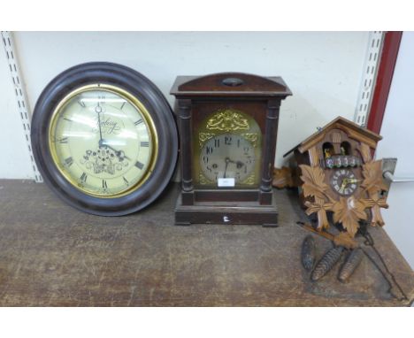 A cuckoo clock and, mahogany bracket clock and one other, a/f