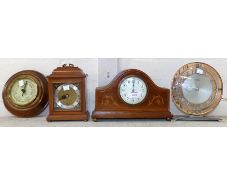 An Edwardian Sheraton style inlaid mahogany mantel clock with balance spring movement; 2 reproduction clocks; a 1950's clock