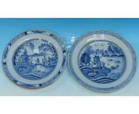 Two 18th century Delftware plates with chinoiserie scenes (1 rim chipped)