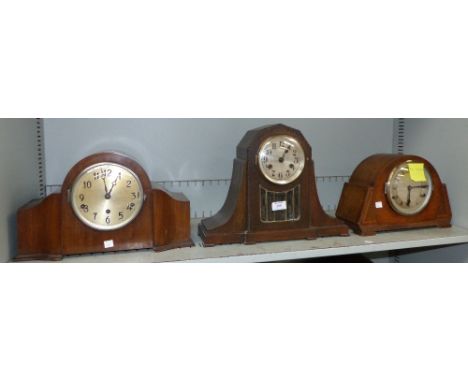 An oak cased mantel clock with 8 day striking movement; 2 others