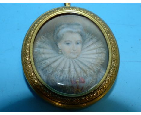 A 19th century oval miniature:  head and shoulders portrait of Elizabethan lady in ruff, text to rear, in ormolu pendant fram
