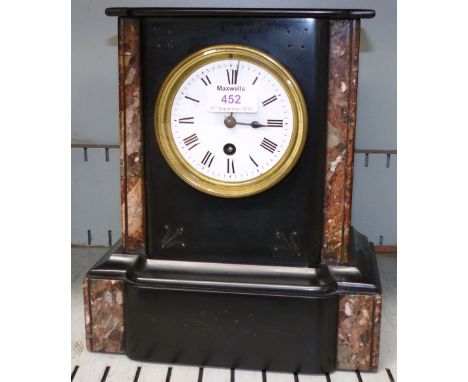 A 19th century black slate and marble architectural mantel clock with French timepiece movement