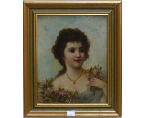 19th Century School:  head and shoulders portrait of a young woman with flowers, oil on panel, unsigned, 9" x 7 ", framed and