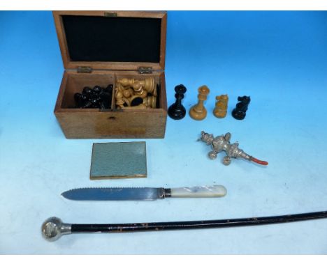 A 19th century baby's silver rattle with coral terminal by George Unite; 2 chess sets; a swagger stick; a folding camera; etc