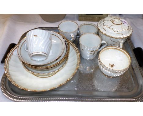 A selection of early 19th century teaware with gilt decoration, including sucrier (a.f.); 4 cups; 2 tea bowls and 5 various s