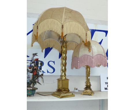 A large brass rope twist table lamp with 1930's style tasselled shade; a similar smaller lamp