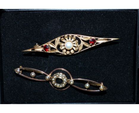 A 9 carat bar brooch set with a pearl and 2 garnets; a seed pearl set brooch, stamped '9CT', 6.5 gm