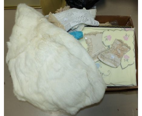 A pair of 19th century child's booties; an ermine jacket; a selection of lace and other linen