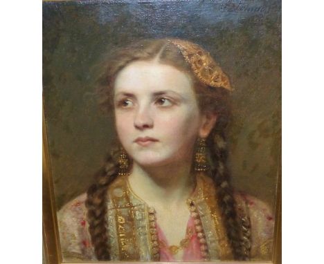 Rudolph Lehmann (1819-1905): Head and shoulders portrait of an Eastern European girl in traditional dress, oil on canvas, sig