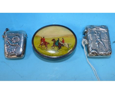 Two golfing Vesta cases stamped '925'; a hallmarked silver patch box with hunting scene to lid