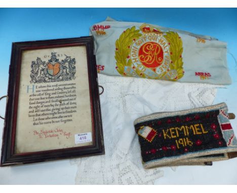 A WWI memorial scroll to Pte Frederick Oxley, W Yorkshire Reg; a trench art brass chamber stick; a Royal Engineers embroidere