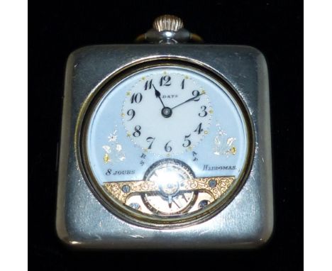 A French yellow metal open faced keyless pocket watch with silvered and gilded enamel dial, visible balance wheel, by Hebdoma