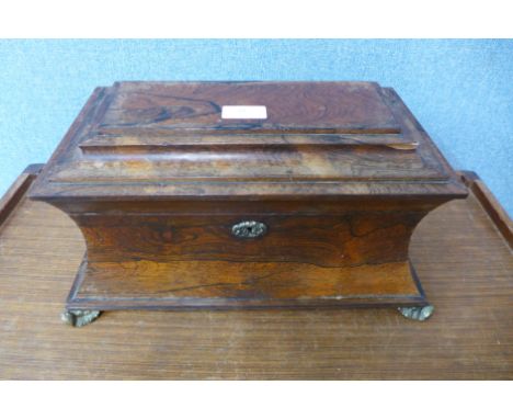 A Regency rosewood sarcophagus shaped tea caddy (converted to jewellery box) 