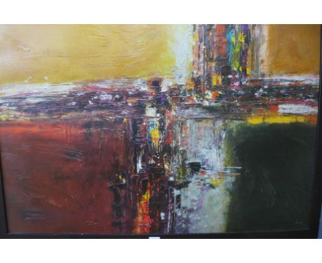 * Devine, abstract print on canvas, 82 x 110cms, framed and a New York skyline print 