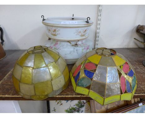 Two Art Deco ceiling glass light shades and two others 