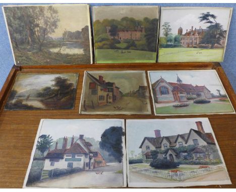 Seven small English School oils on artists board, 17 x 22cms, unframed and a print 