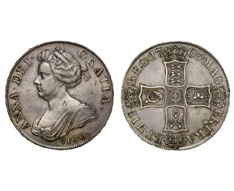 Anne (1702-14), silver Crown, 1703, VIGO. below first draped bust left, Latin legend and toothed border surrounding, ANNA.DEI