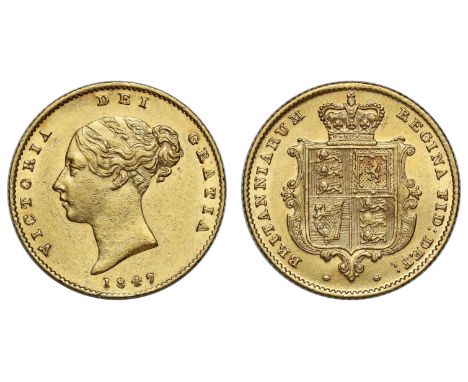 g Victoria (1837-1901), gold Half-Sovereign, 1847, first young head left, date below, Latin legend and toothed border surroun