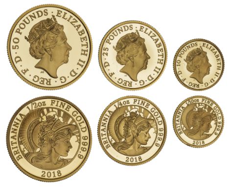g Elizabeth II (1952 -2022), gold 3-coin Britannia proof set, 2018, Fifty Pounds, Twenty Five Pounds, Ten Pounds, coins weigh