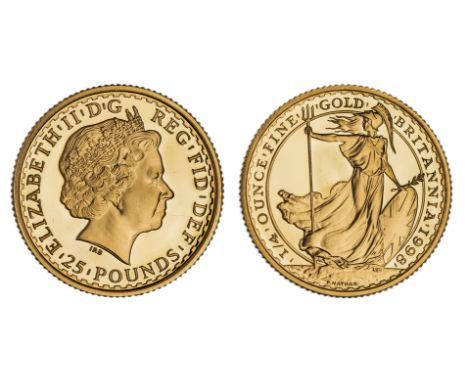 g Elizabeth II (1952-2022), gold proof Quarter Ounce of Twenty-Five Pounds, Britannia, 1998, struck in .917 fine gold, crowne